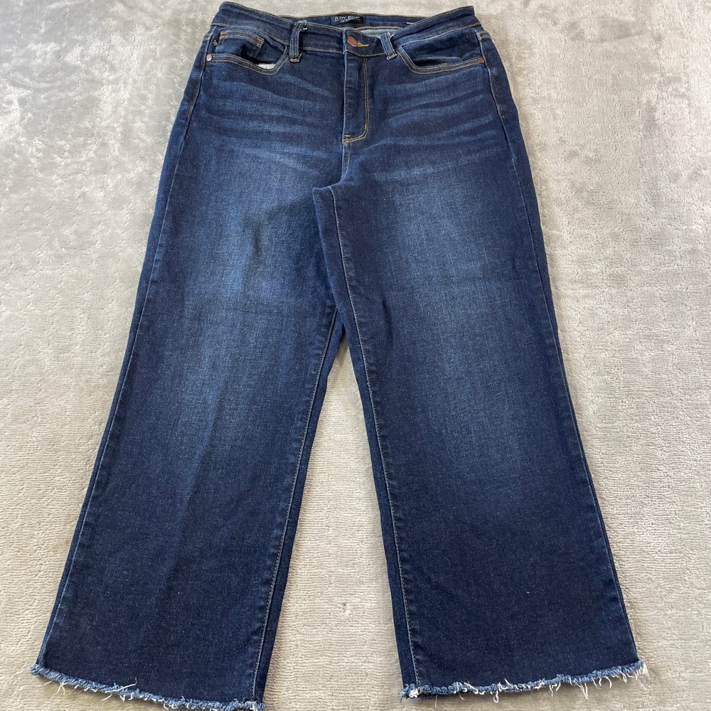 Judy Blue Jeans Womens 11/30 Wide Leg High Rise Raw Hem Dark Wash Whiskers Mom